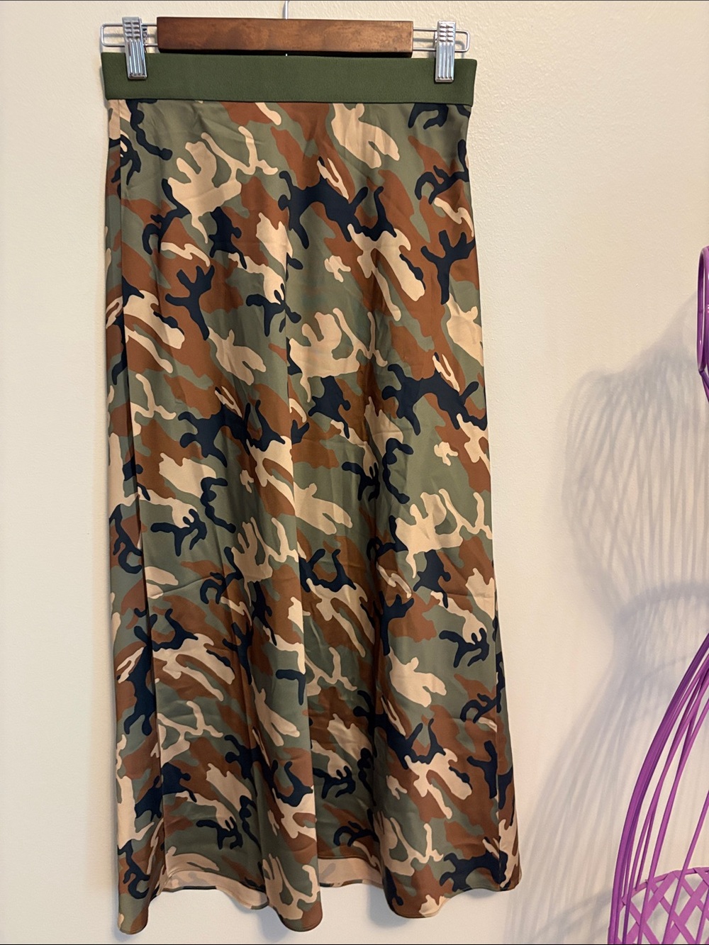 Outerknown Camouflage A-Line Midi Slip Skirt in Olive, Tan & Navy